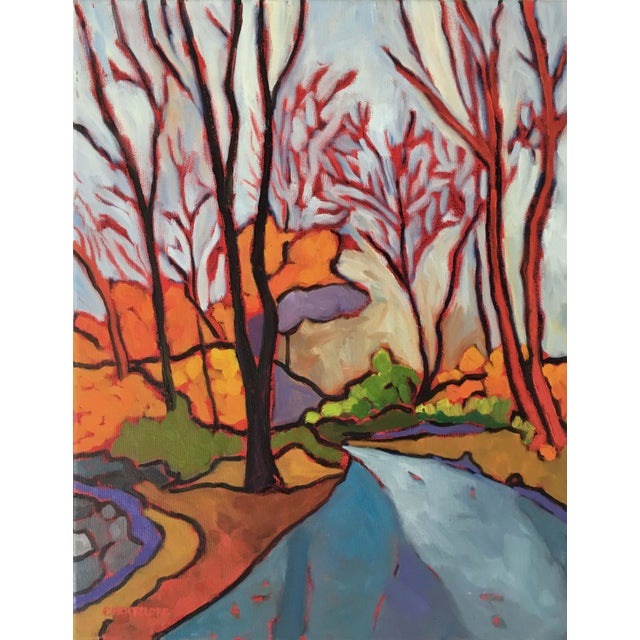 "A Walk in the Woods" Fauvist Expressionist Style Landscape Oil Painting With Trees For Sale