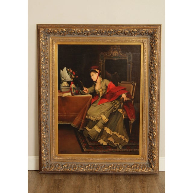 Vintage 20th C. Original Oil Painting on Canvas Depicting Victorian Dressed Woman Writing, Signed 'D. Hawkins' on the...