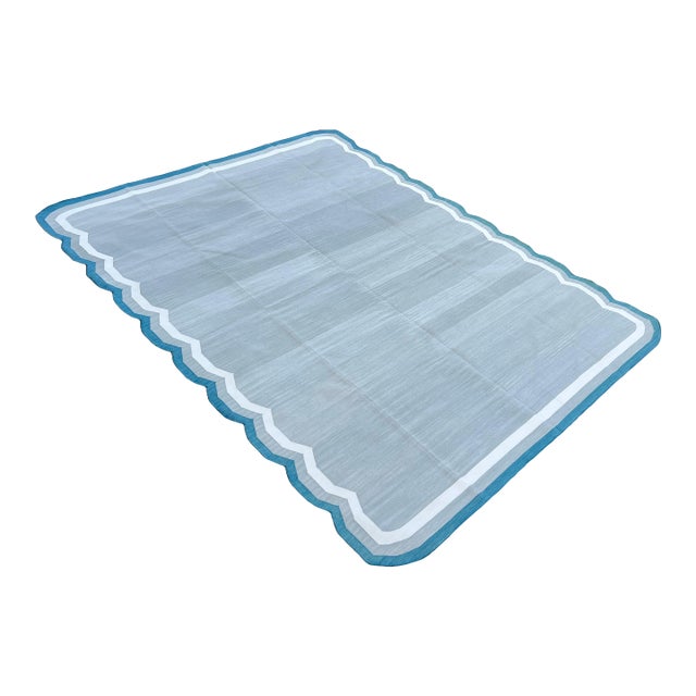 Handmade Cotton Scalloped Edge Rug, Light Grey, Cream & Teal Blue Border Dhurrie- 10'x14' For Sale