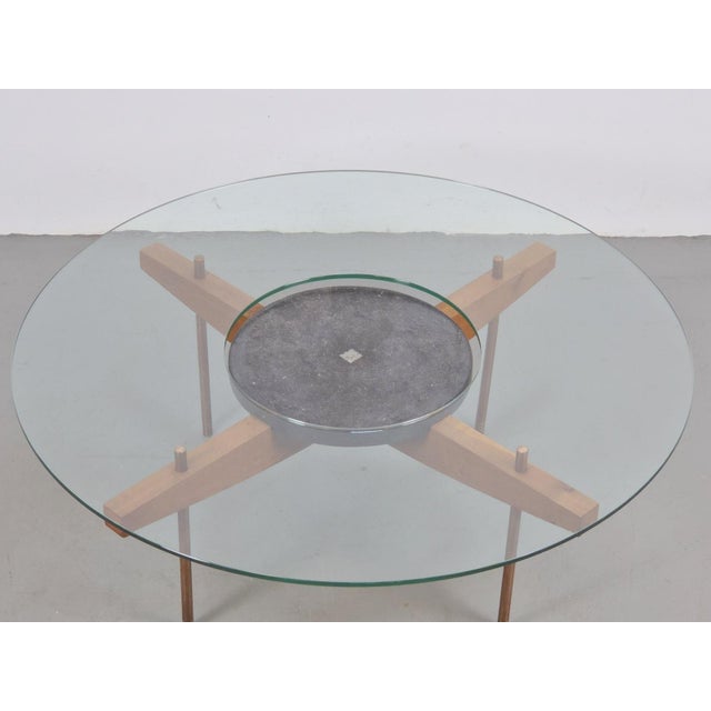 Metal Round Glass Coffee Table with Wood X-Base, 1970 For Sale - Image 7 of 17