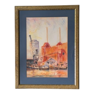 1996 Contemporary Battersea Power Station London Cityscape Watercolor by Charles Foster-Hall, Framed For Sale