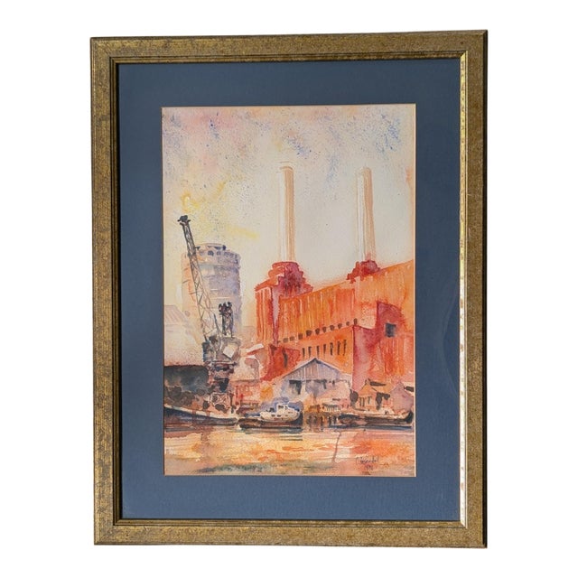 1996 Contemporary Battersea Power Station London Cityscape Watercolor by Charles Foster-Hall, Framed For Sale