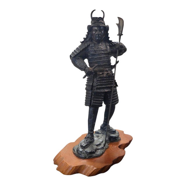 Japanese Samurai Bronze Tone Warrior Sculpture on Custom Wood Base 18" For Sale