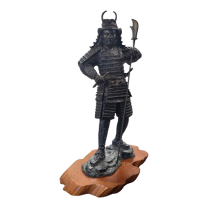 Japanese Samurai Bronze Tone Warrior Sculpture on Custom Wood Base 18"