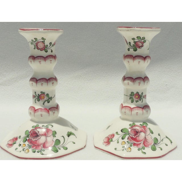 Beautiful pair of antique French Faience pink and white rose candlestick holders. Hand painted pink and white pottery...