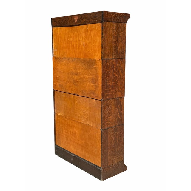 Antique Arts & Crafts Four Section Tiger Oak Lyre Carved Barrister Bookcase For Sale - Image 11 of 11