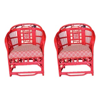 Pair of Vintage Rattan Accent Chairs Attributed to Brighton Pavilion, Newly Upholstered in Coral Fabric with Chippendale Lattice Detail Detail For Sale