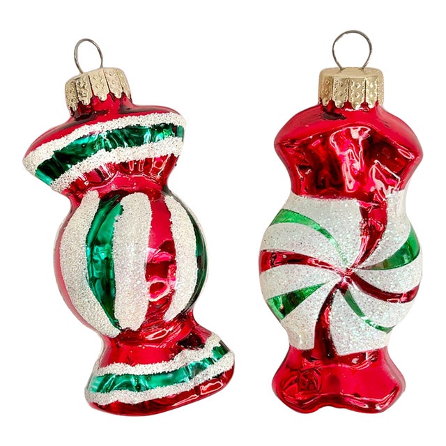 Glass Candy Christmas Ornaments, Set of 2 - Wrapped Peppermint Sweets Decor For Sale