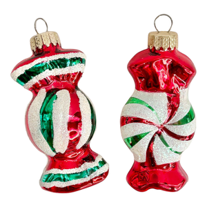 Glass Candy Christmas Ornaments, Set of 2 - Wrapped Peppermint Sweets Decor