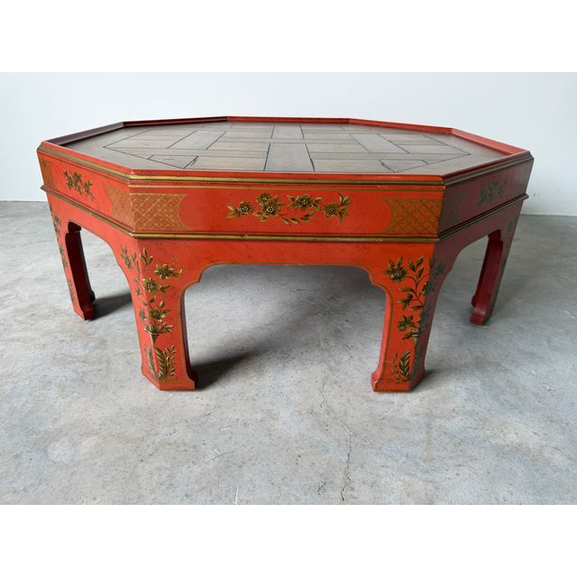 A striking vintage Baker Furniture octagonal coffee table featuring a beautifully executed Chinoiserie-inspired design....
