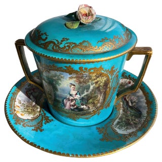 Large Covered Cup and Deep Saucer in Sevres Porcelain, 19th Century, Set of 3 For Sale