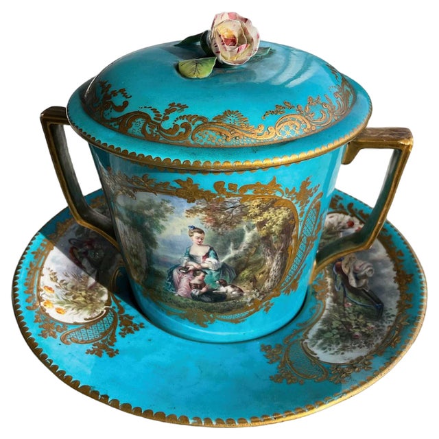 Large Covered Cup and Deep Saucer in Sevres Porcelain, 19th Century, Set of 3 For Sale