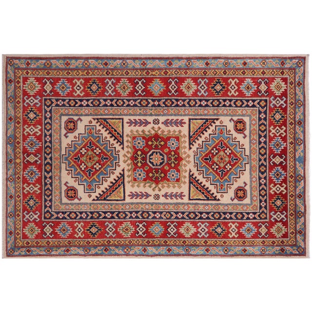 Shabby Chic Kazak Beige/Red Wool Rug - 3'5''x5'1'' For Sale - Image 10 of 10