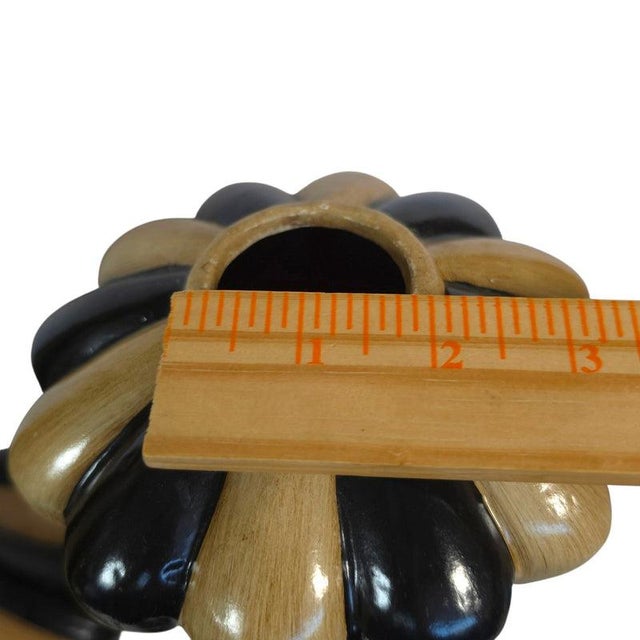 Art Deco Hollywood Regency Black & Tan Fluted Ceramic Vase Pair For Sale - Image 9 of 16