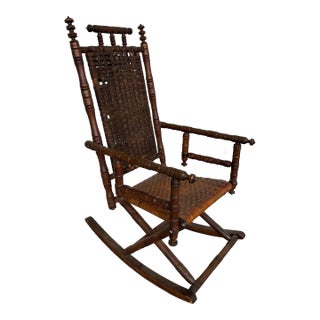 Early 20th Century Antique Rustic Rocking Chair, Wooden With Woven Seat For Sale