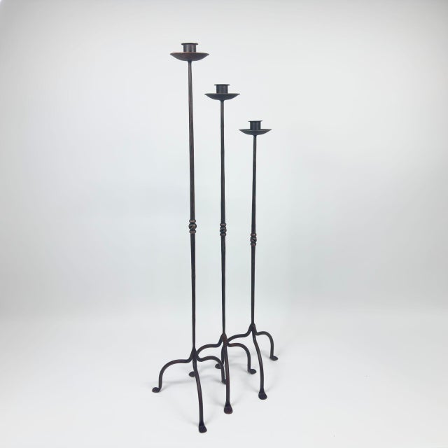 2020s Hand Forged Iron Candelabra Set of 3 (94-114cm) Antique Copper Finish Twisted Stem with Simple Tripod Base For Sale - Image 5 of 6