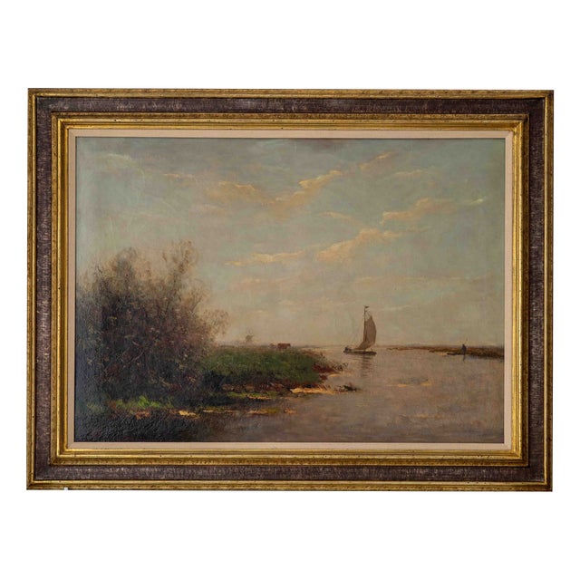 Large Dutch Hague School Windmill Landscape Oil Painting with Polder Lake & Sailboat by Victor Bauffe, Circa 1900, Framed For Sale