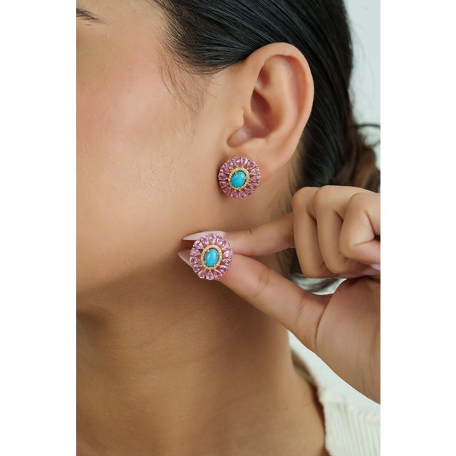 Pink 6.32ct Cabochon Turquoise Pink Sapphire & Diamond Floral Stud Earrings 14k Gold- A Pair For Sale - Image 8 of 13