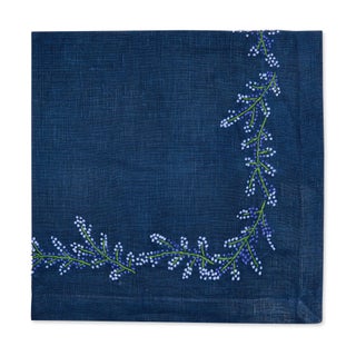 Deborah Rhodes Floral Branch Embroidery Napkins, Navy/Green, Set of 4 For Sale