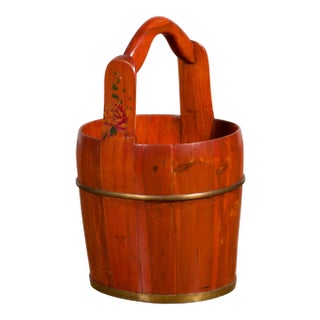 Chinese Rustic Wooden Bucket with Large Handle and Painted Floral Motifs For Sale