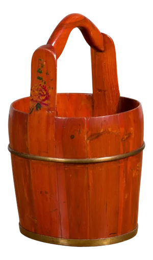 Chinese Rustic Wooden Bucket with Large Handle and Painted Floral Motifs