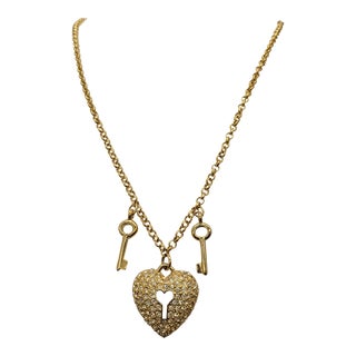 Vintage Signed Napier Rhinestone Heart Lock Pendant Necklace For Sale