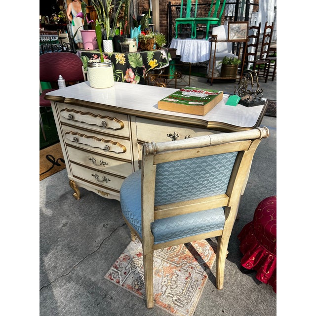 Traditional Vintage Regency White Wooden Desk With Gold Accents and Matching Chair- Needs Reupholstery For Sale - Image 3 of 8