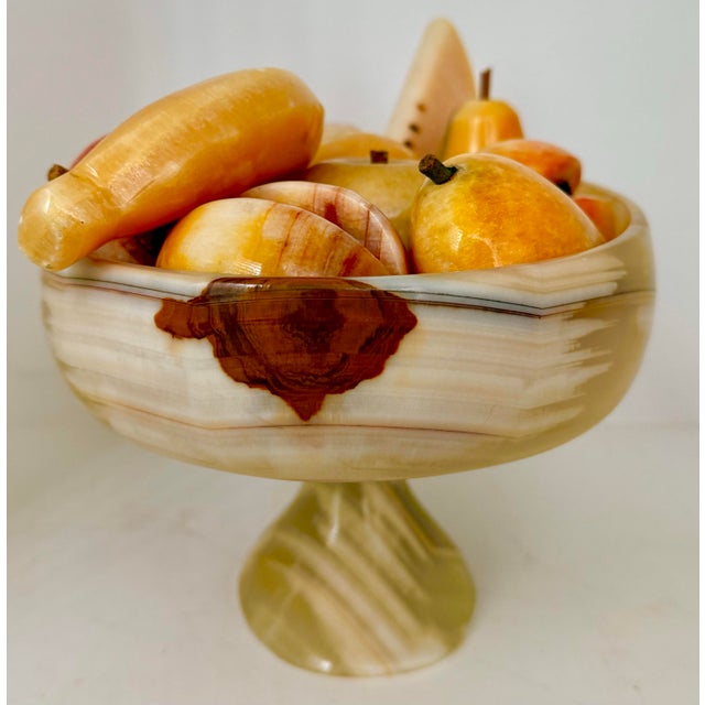 Mid 20th Century Exceptional Vintage Mid-Century Mexican Carved Onyx Stone Pedestal Bowl, Centerpiece Filled With 12 Assorted Onyx Fruit For Sale - Image 5 of 12