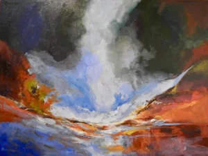 Mid-Century Modern Painting, "Waterfall Surrounded by Quarry" Cascading Water