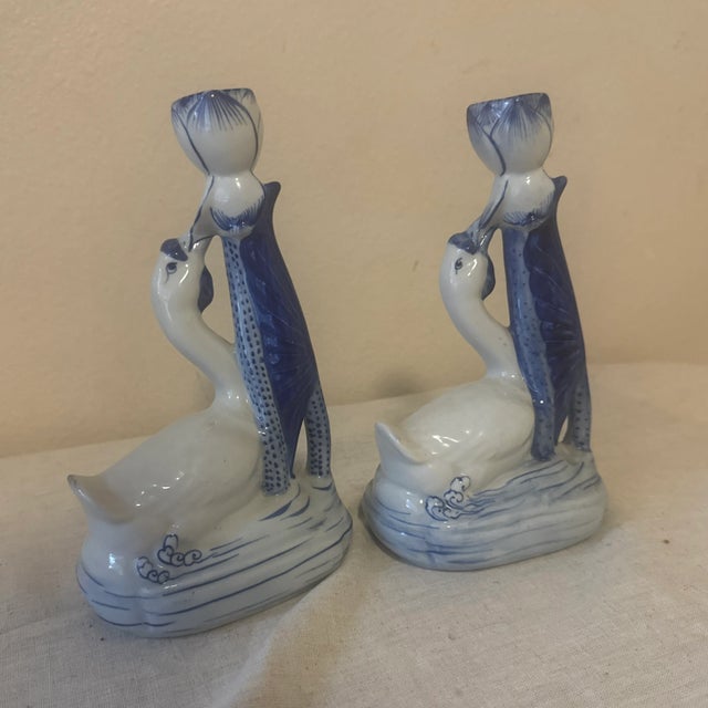 1990s Blue and White Ceramic Swan Candlestick Holders For Sale In New Orleans - Image 6 of 6