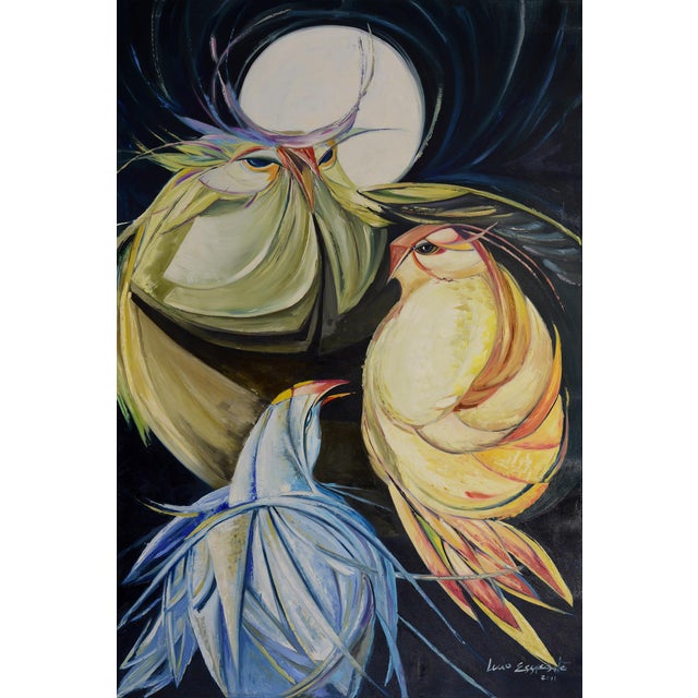 This impressive artwork by Lucio Esposito, created in 2011, captures a captivating scene of birds under a full moon....