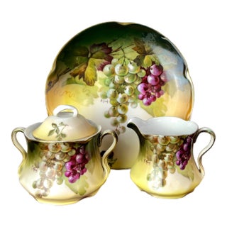 Antique Art Nouveau Jaeger & Co. Bavarian, A. Koch Grape Motif Porcelain Dessert Trio For Sale