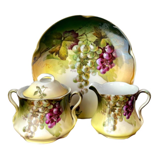 Antique Art Nouveau Jaeger & Co. Bavarian, A. Koch Grape Motif Porcelain Dessert Trio For Sale