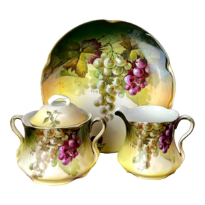 Antique Art Nouveau Jaeger & Co. Bavarian, A. Koch Grape Motif Porcelain Dessert Trio