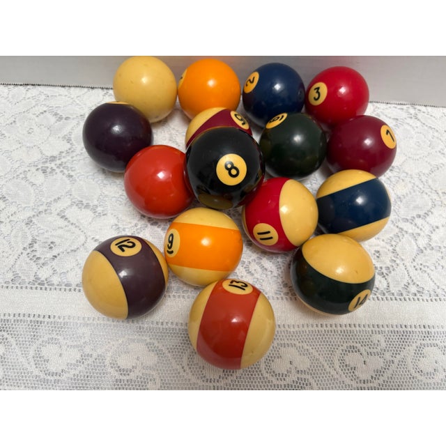 Vintage Midcentury set of sixteen boldly colorful set of pool balls. 1960s/1970s Bakelite striped and solid full set of...