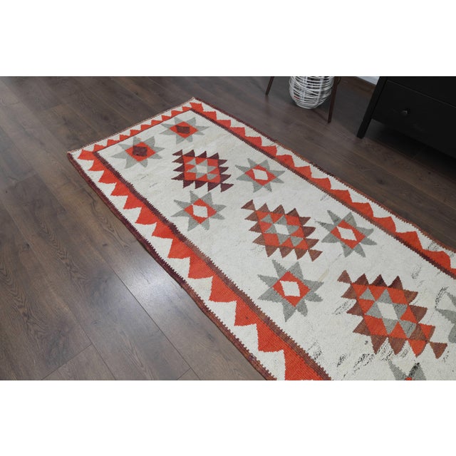 1970s Vintage Handmade Wool Cotton Beige Orange Runner Rug For Sale - Image 4 of 11