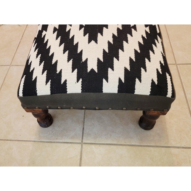 Wood Southwest Kilim Style Footstool With Wooden Legs, Nailhead Trim For Sale - Image 7 of 8