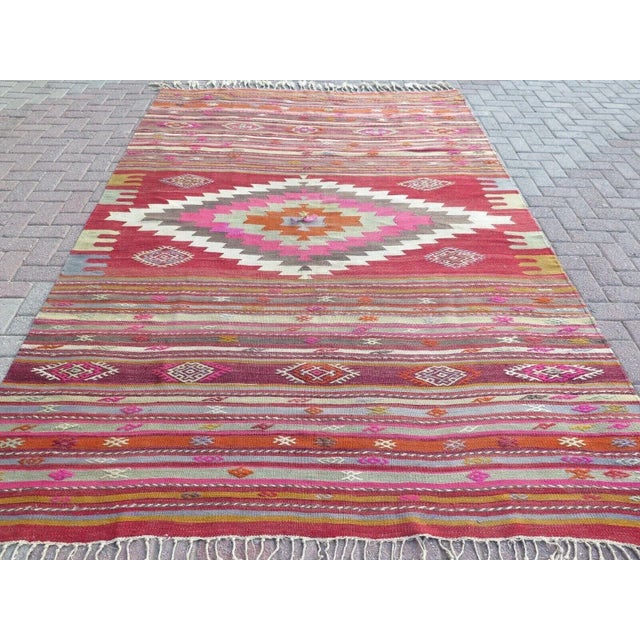 Traditional 1960s Aztec Design Vintage Kilim Rug - 80"x124" For Sale - Image 3 of 13