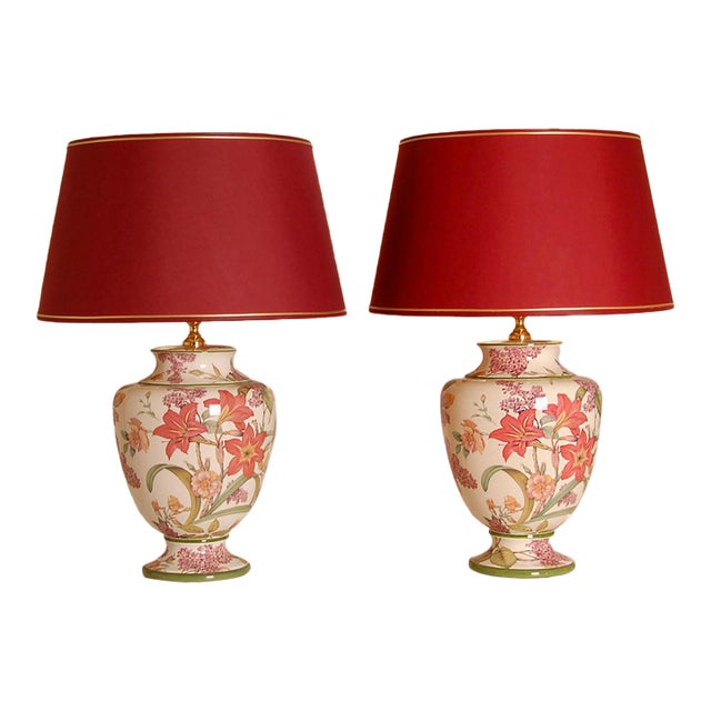 Vintage Italian Table Lamps Ceramic Floral Tall Porcelain Vase Lamps Tariff Free Delivery - A Pair For Sale