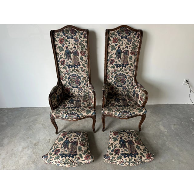 Vintage Hollywood Regency Louis XV-Style High-Back Carved Wood Accent Chairs - A Pair/Sold For Sale - Image 9 of 12