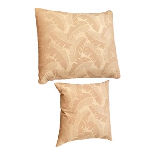 Pair of Oversized 1980's Down-Filled Neutral Tan Palm Frond Pattern Decorative Pillows For Sale