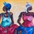 Bold and visually striking vintage expressionist painting depicting two seated female figures rendered in richly saturated...