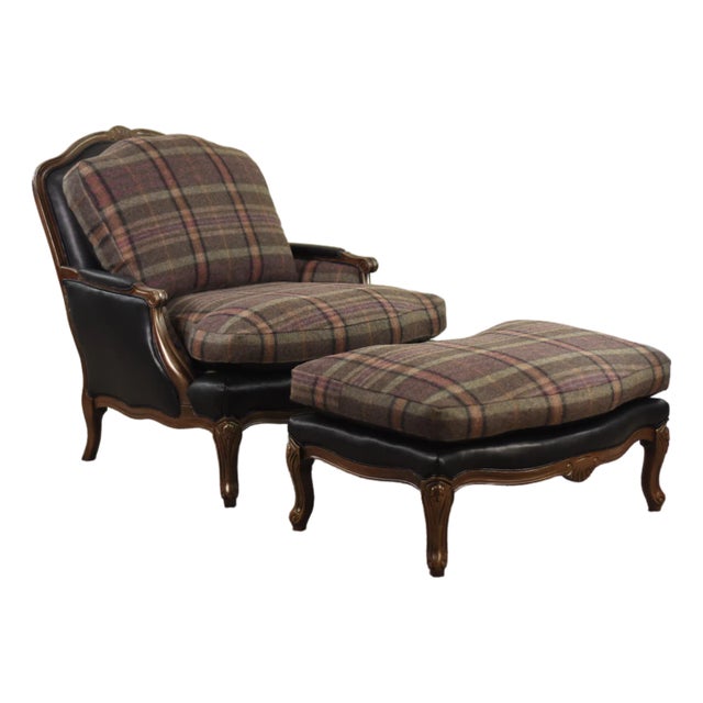 New Ralph Lauren Wool and Leather on Oversized Louis XV-style Versailles Frame Library Chair and Ottoman For Sale