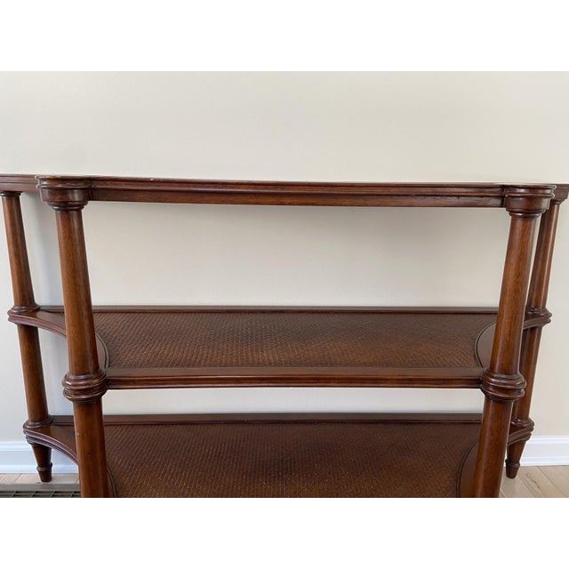 Ethan Allen Vintage Three Tier Rattan Legacy Collection Entryway Console Sofa Table For Sale - Image 4 of 11