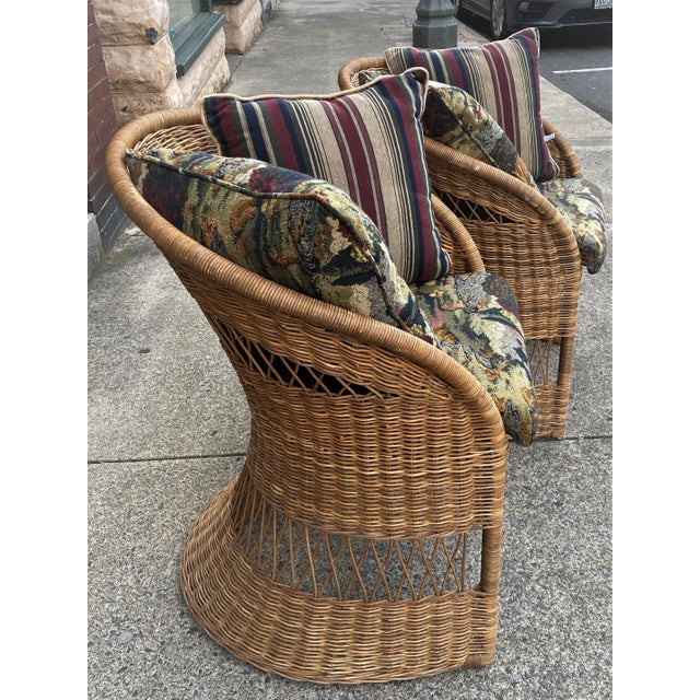 Natural Wicker Mid Century Chairs With Fishing Upholstery & Pillows a