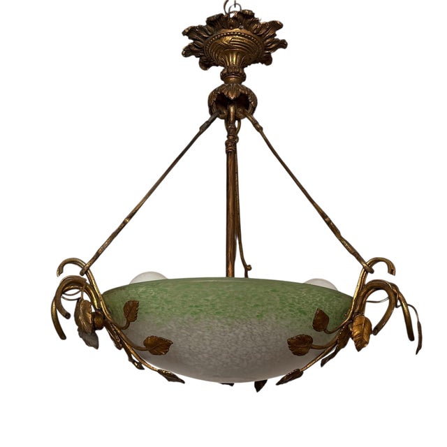 Antique Art Nouveau Muller Frères Green Glass & Gilt Bronze Pendant Chandelier