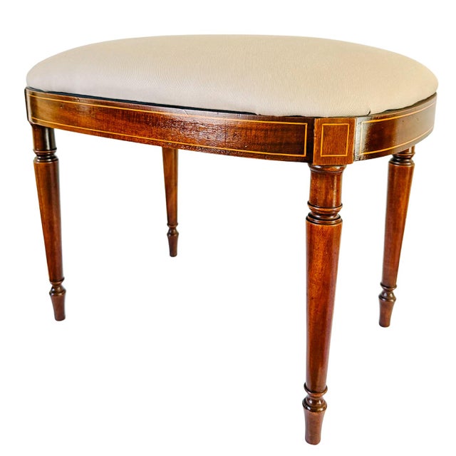 Neoclassical Antique English Edwardian Inlaid Mahogany Oval Bench Stool – Sheraton Revival Vanity Seat For Sale - Image 3 of 12