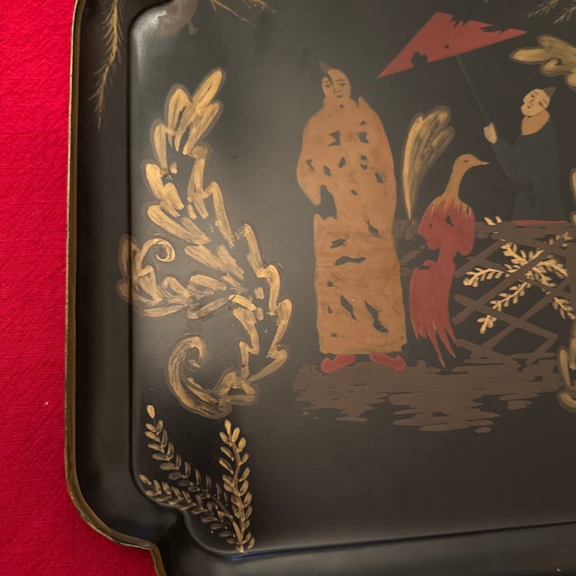 Chinese Vintage Hand Painted Gold Chinese Metal Tray For Sale - Image 3 of 9