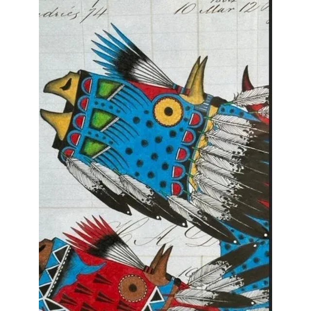 "Return of the Thunder Beings" — artwork by Native American artist. A blend of the old and the new: the old, ledger pages...
