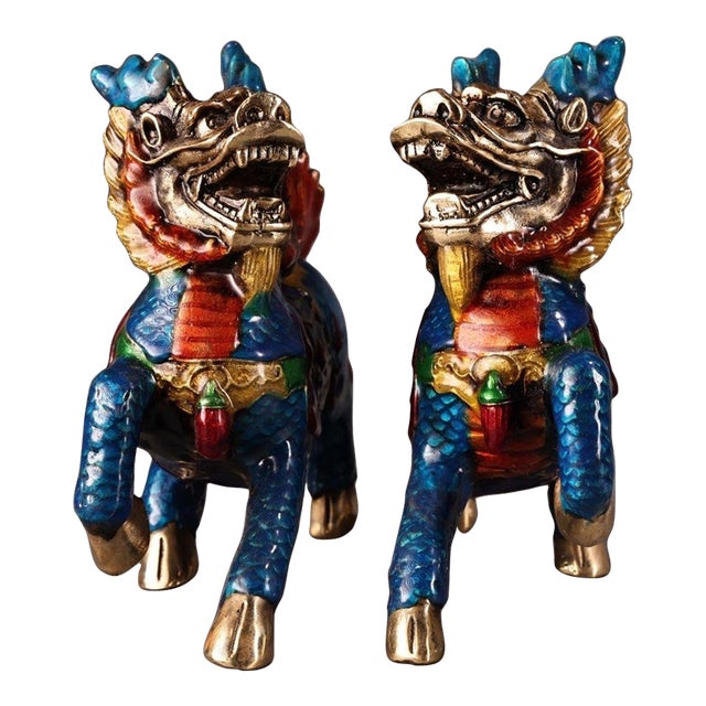 Late 19th Century Pair of Cloisonné Enamel Qilin Statues, Mythical Beast Figures, 700g Each For Sale